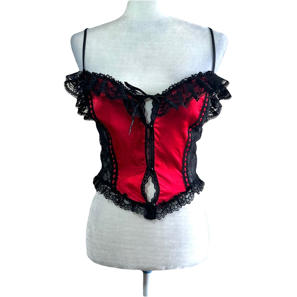 Duet Vtg Y2k Red Satin Black Lace Lingerie Top